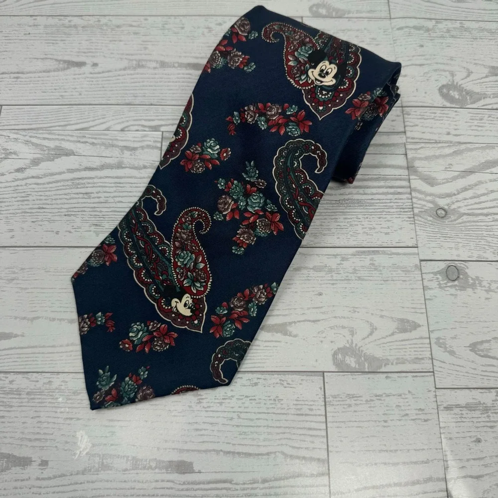 Disney Mickey‎ Mouse Paisley Floral Silk Necktie Navy Blue Vintage Mens Tie